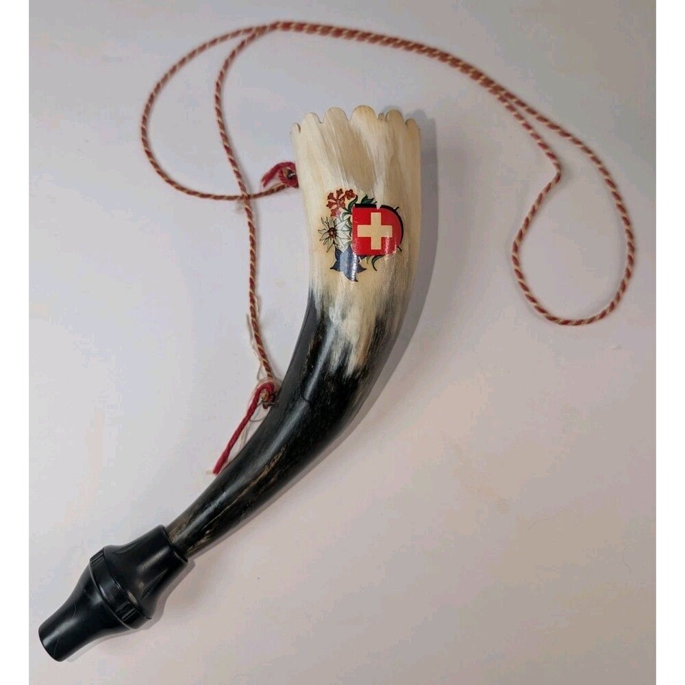 Vintage Swiss Souvenir Drinking Horn Cow Horn w/ Red Cross Alpine Decor